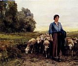 Julien Dupre Wall Art - Shepherdess With Her Flock